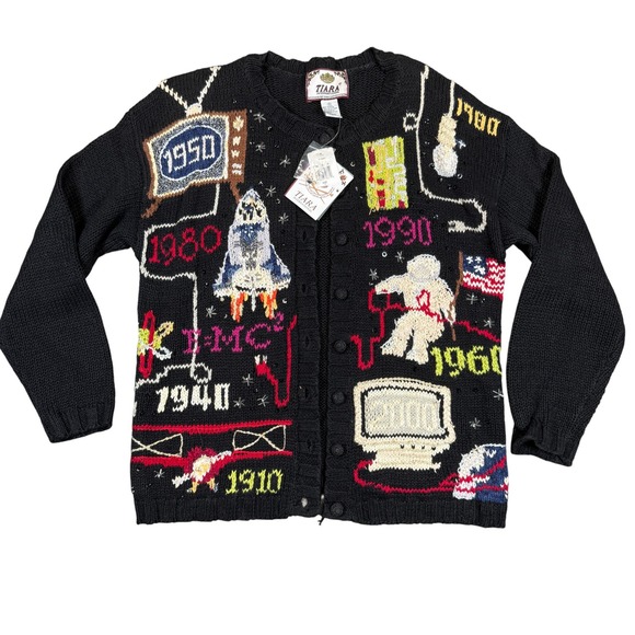Vintage Tiara International 90s Outer Space Novelty Cardigan Sweater Black S - Picture 1 of 10